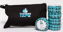 Aqua hook grip tape roll for thumb protection during lifting. Athlete applying thumb tape for Olympic lifting. Thumbz Tape CrossFit hook grip support.
