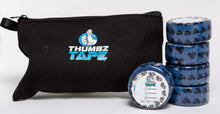 Blue hook grip tape roll for thumb protection during lifting. Athlete applying thumb tape for Olympic lifting. Thumbz Tape CrossFit hook grip support.