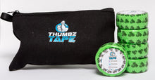 Green hook grip tape roll for thumb protection during lifting. Athlete applying thumb tape for Olympic lifting. Thumbz Tape CrossFit hook grip support.